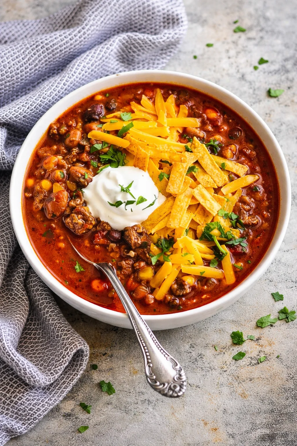 Bowl of easy taco soup topped with cheese and cilantro