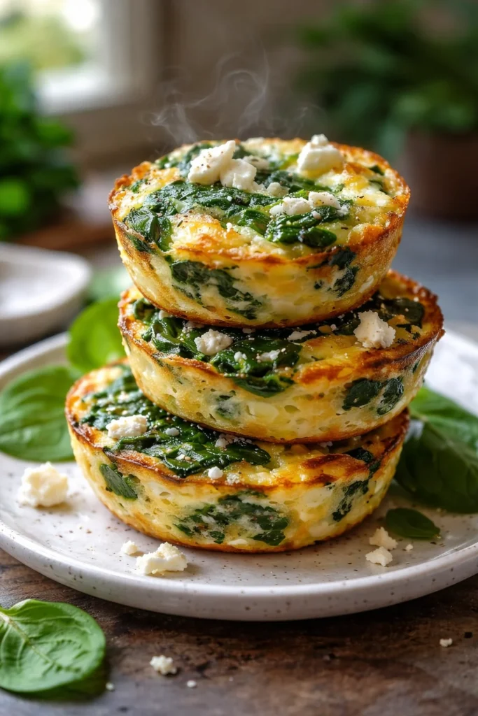 Healthy egg muffins with spinach and feta served on a plate