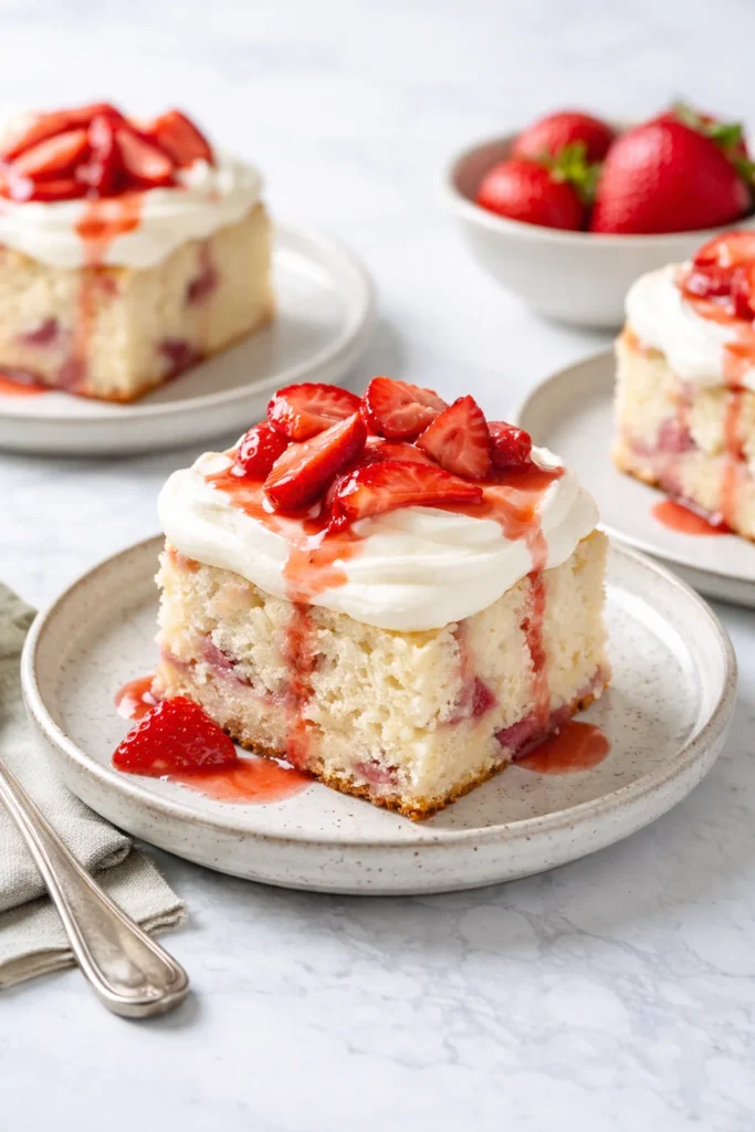 Delicious fresh strawberry cake topped with fresh strawberries and whipped cream