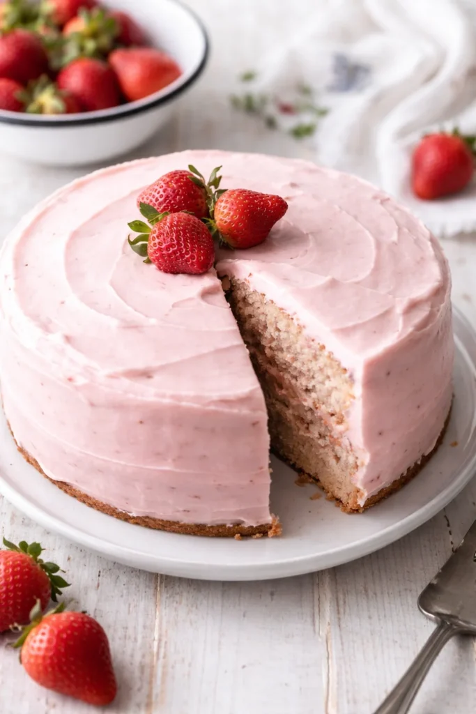 Delicious fresh strawberry cake topped with whipped cream and fresh strawberries