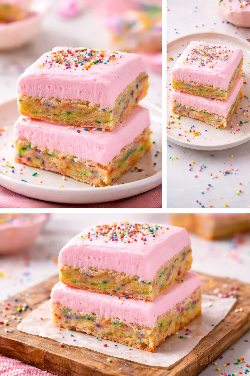 Frosted sugar cookie bars decorated with colorful frosting and sprinkles.