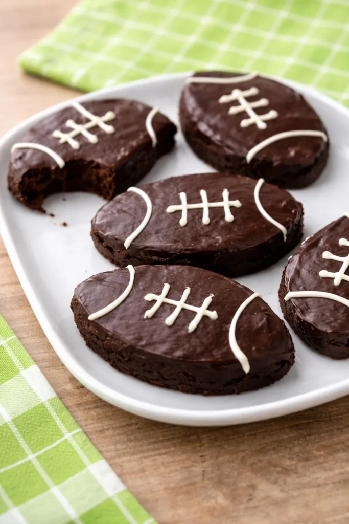 Fudgy football brownies decorated for a game day celebration