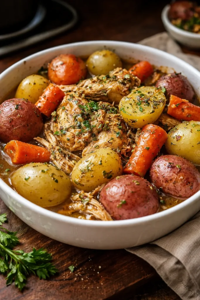 Crockpot Garlic Butter Chicken served with herbs and vegetables