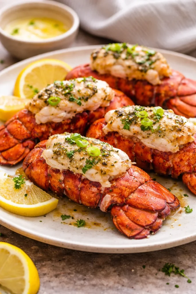 Delicious garlic butter lobster tails served on a plate.