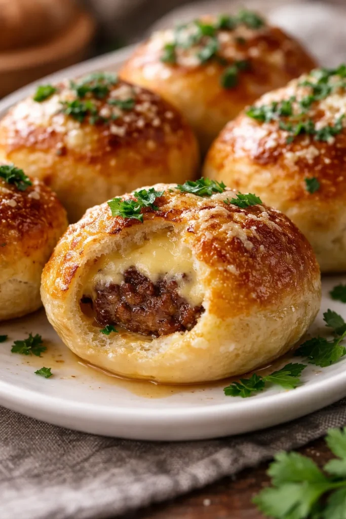 Garlic Parmesan Cheeseburger Bombs freshly baked and ready to enjoy.