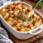 Delicious green bean casserole topped with crispy onion bits