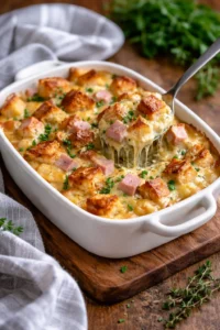 Delicious green bean casserole topped with crispy onion bits