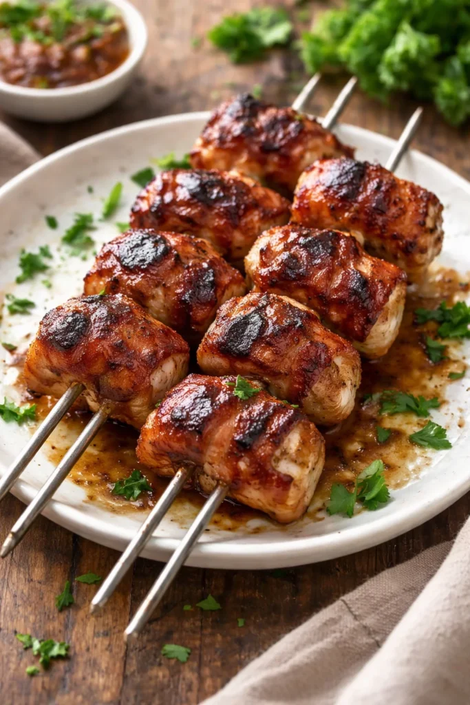 Grilled bacon wrapped chicken skewers on a platter with herbs and spices