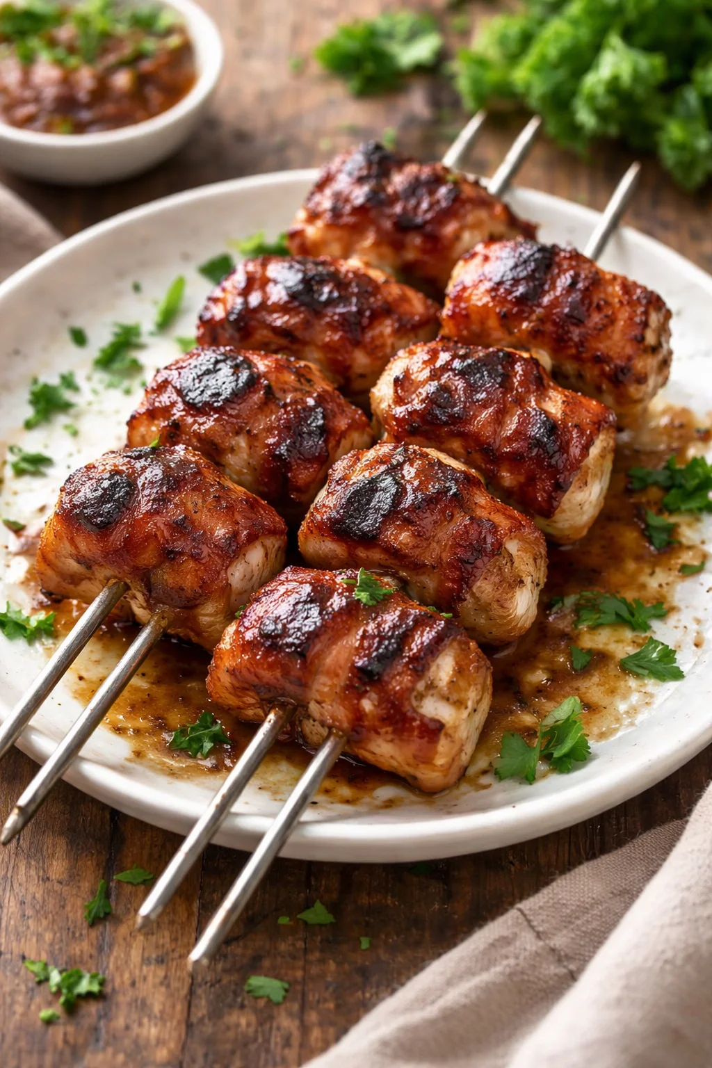 Grilled bacon wrapped chicken skewers on a platter with herbs and spices
