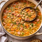 Bowl of delicious homemade Ham and Bean Soup with fresh herbs