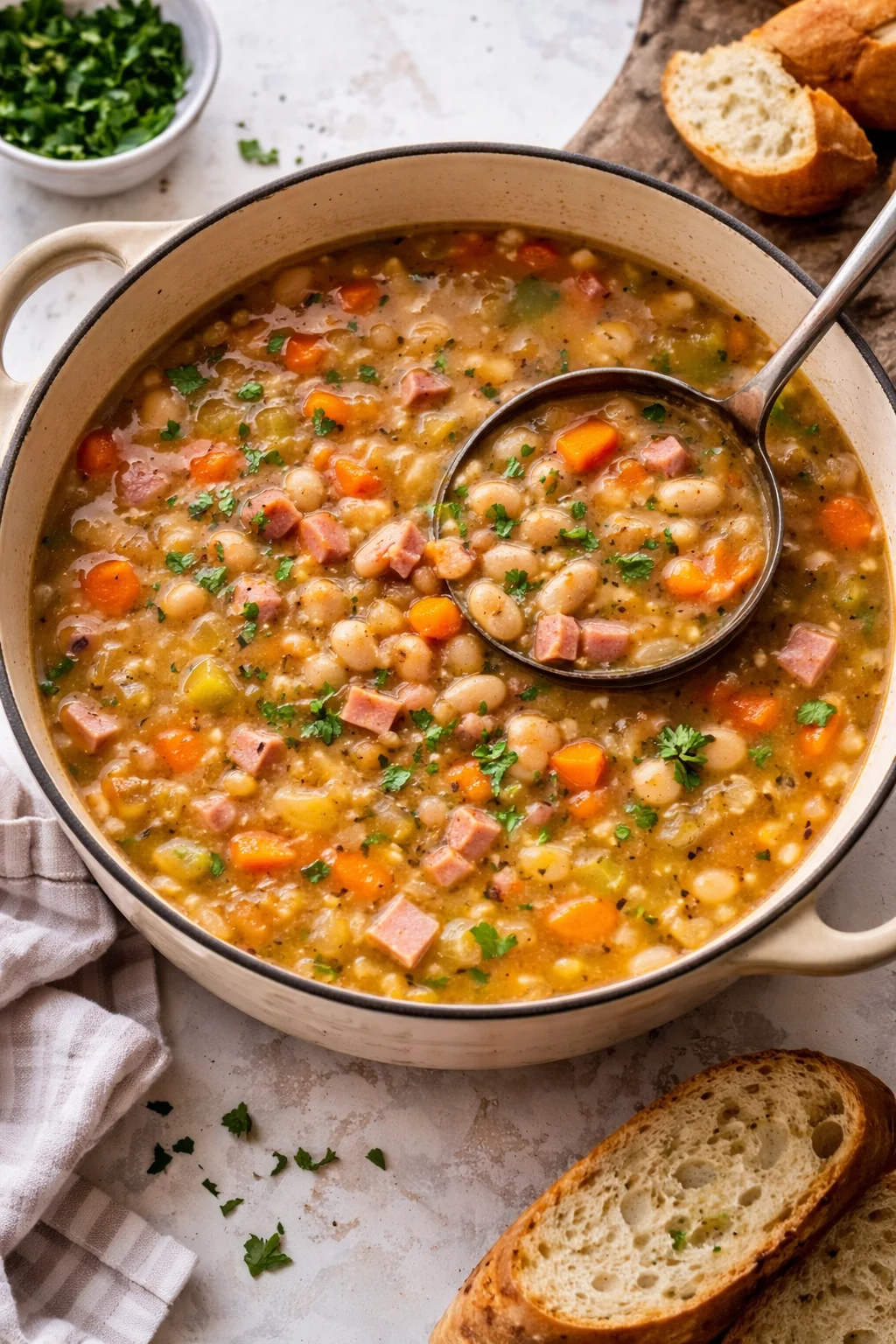 Bowl of delicious homemade Ham and Bean Soup with fresh herbs