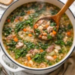 A bowl of hearty ham and bean soup garnished with parsley