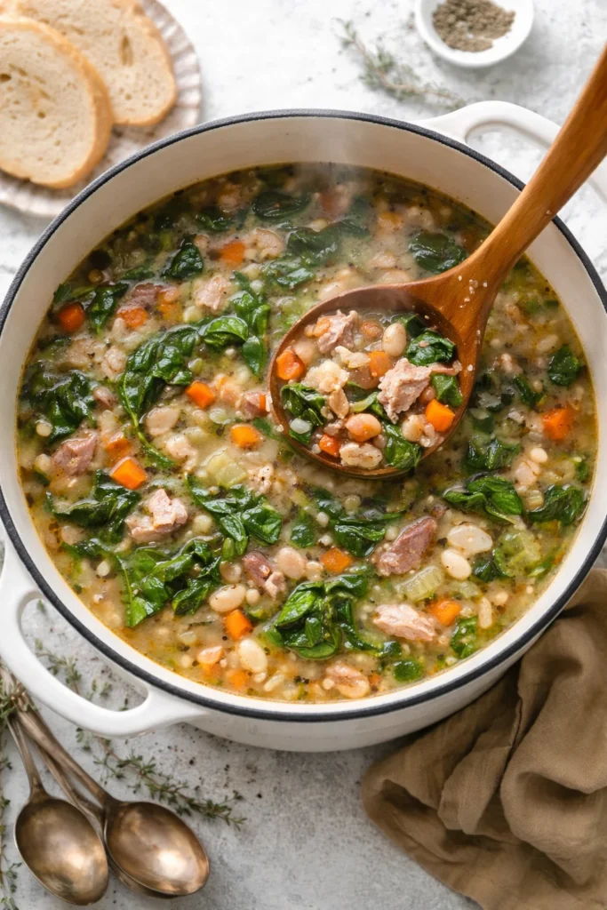 A bowl of hearty ham and bean soup garnished with parsley