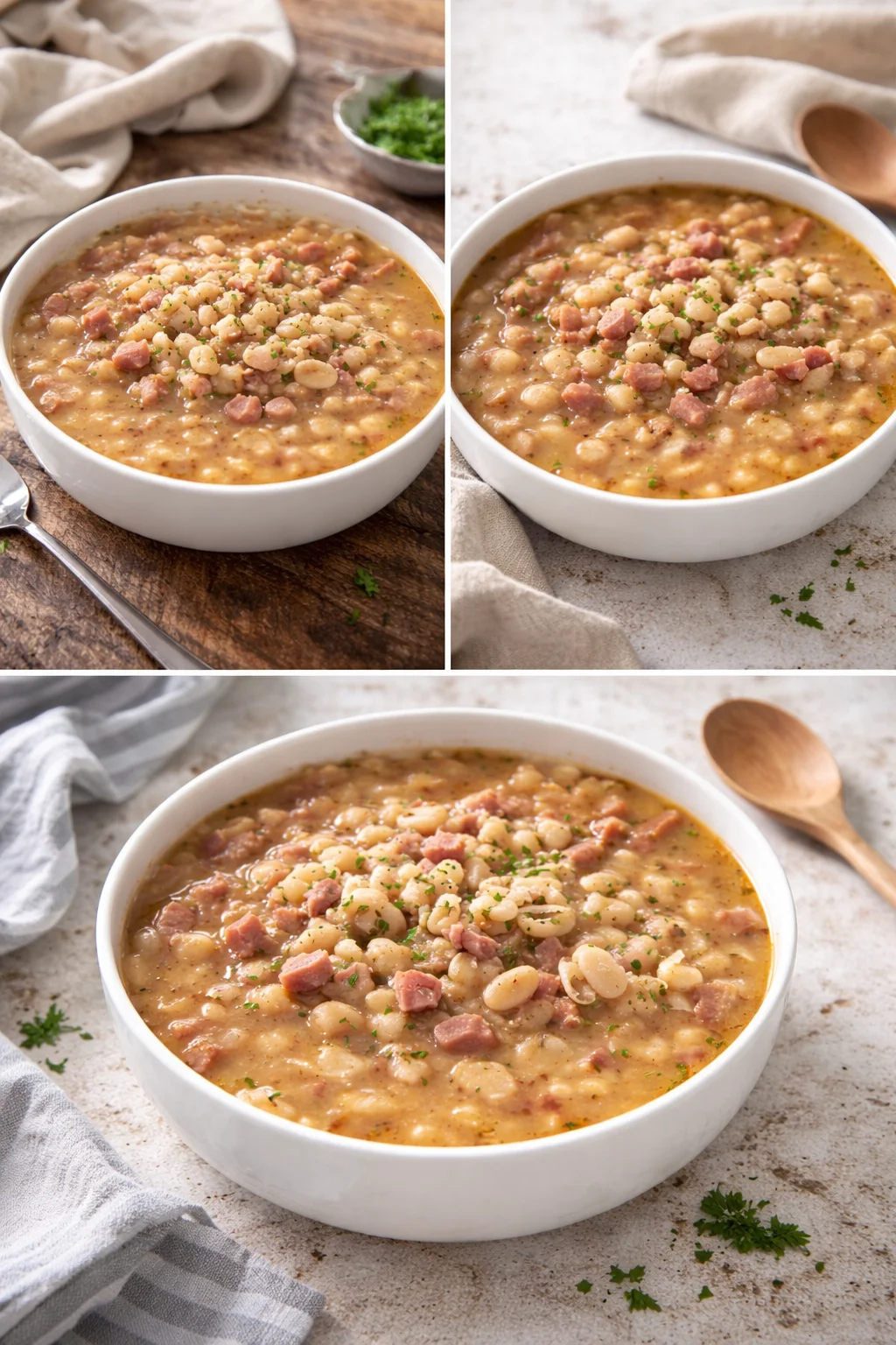A bowl of delicious homemade ham and bean soup garnished with herbs.