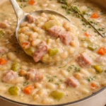 A bowl of homemade Ham and Bean Soup garnished with herbs.