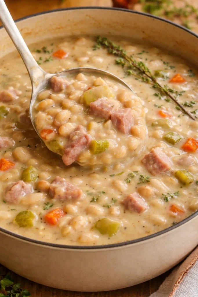 A bowl of homemade Ham and Bean Soup garnished with herbs.