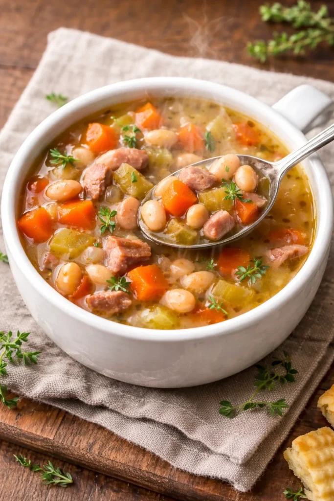 A bowl of hearty ham and bean soup with vegetables and herbs.
