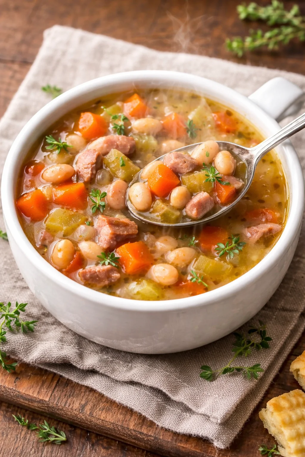 A bowl of hearty ham and bean soup with vegetables and herbs.