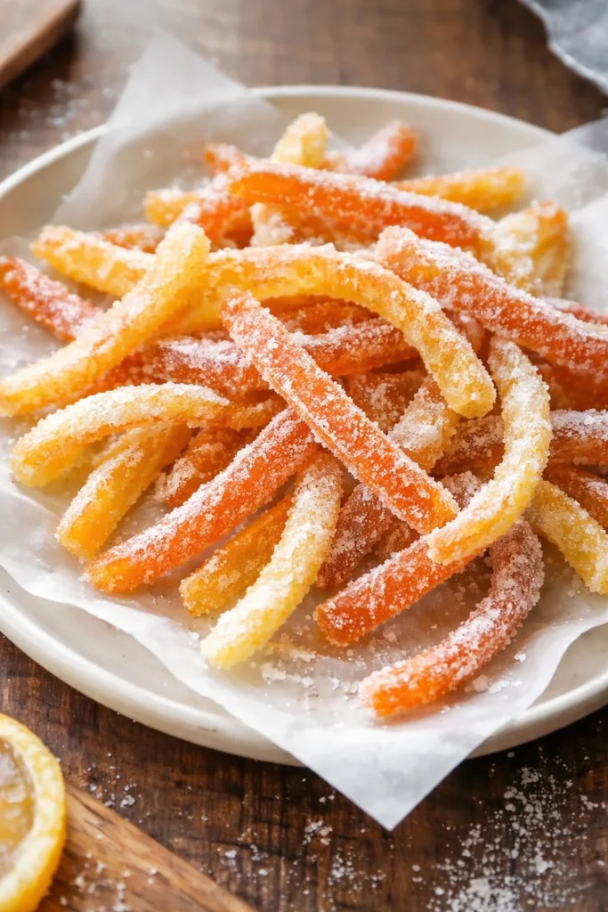 Homemade candied orange peel in a bowl, ready to enjoy or use in recipes.