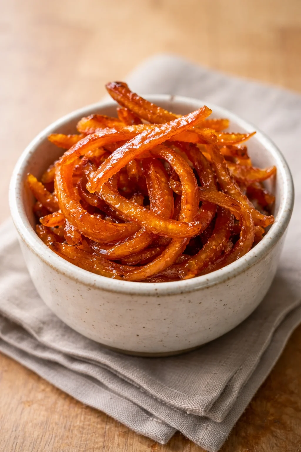 Homemade candied orange peels in a bowl, a sweet and tangy treat.