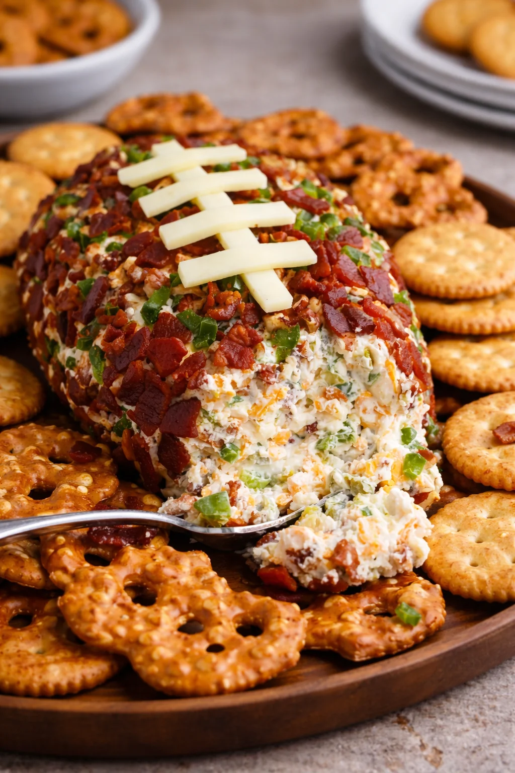 Jalapeño Popper Football Cheese Ball ready for serving at a party