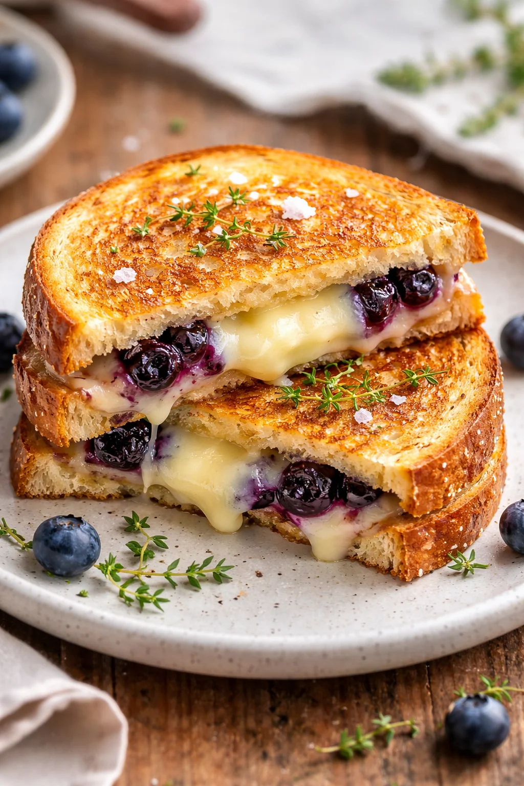 Juicy blueberry grilled cheese sandwich with melted cheese and fresh blueberries