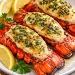A beautifully plated dish of succulent lobster tails garnished with herbs