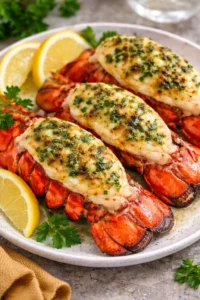 A beautifully plated dish of succulent lobster tails garnished with herbs
