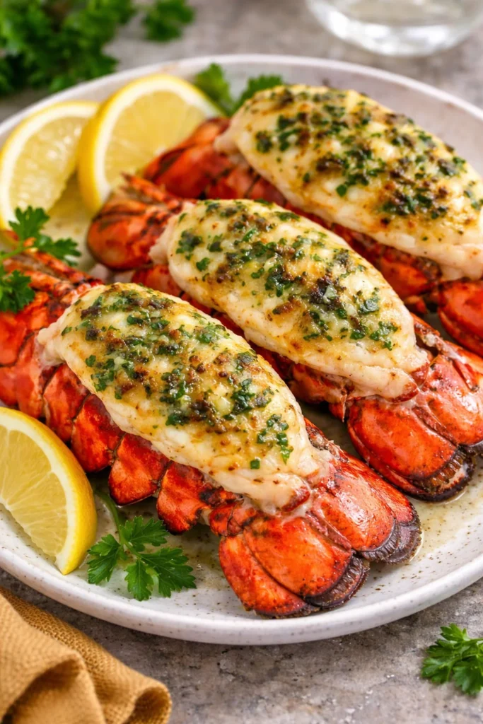 A beautifully plated dish of succulent lobster tails garnished with herbs
