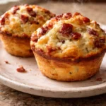 Maple Bacon Pancake Muffins with syrup and crispy bacon topping