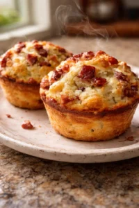 Maple Bacon Pancake Muffins with syrup and crispy bacon topping