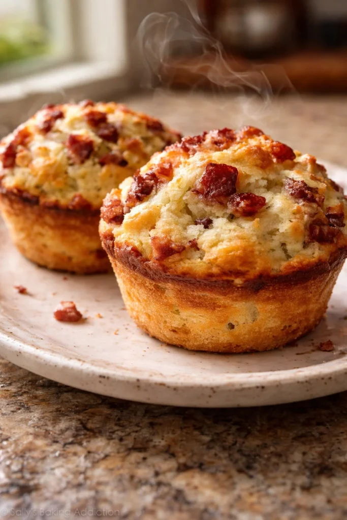 Maple Bacon Pancake Muffins with syrup and crispy bacon topping