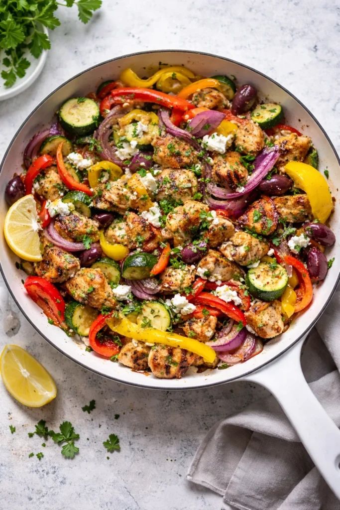 Colorful Mediterranean Chicken Stir Fry with vegetables in a pan