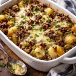 Philly cheese steak casserole featuring beef, peppers, and melted cheese.