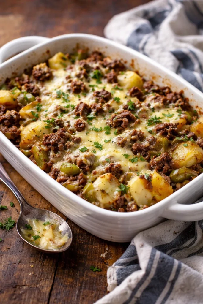 Philly cheese steak casserole featuring beef, peppers, and melted cheese.