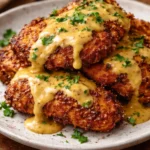 Pretzel chicken served with mustard cheddar sauce on a plate
