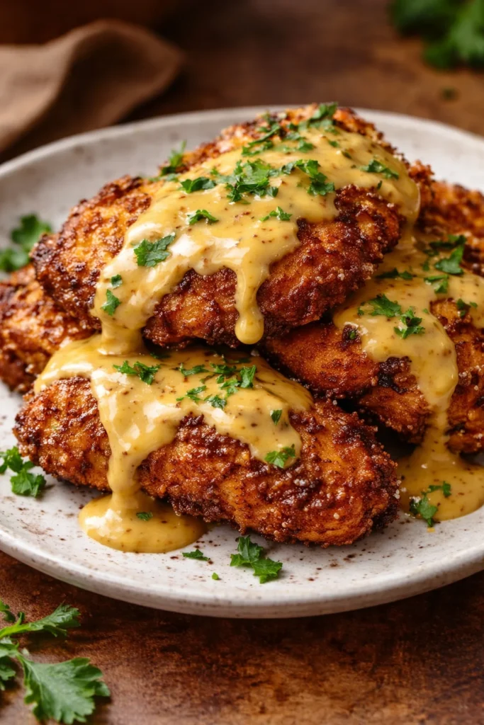 Pretzel chicken served with mustard cheddar sauce on a plate