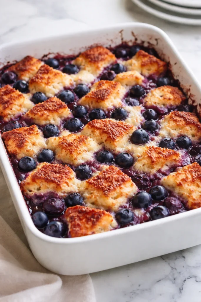 A scrumptious blueberry french toast casserole served with fresh blueberries.