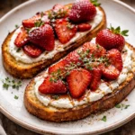 Roasted strawberry whipped ricotta toast topped with fresh strawberries and mint