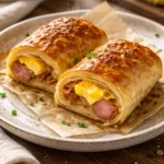 Sausage egg breakfast roll-ups served on a plate, perfect for a quick meal.