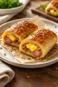 Sausage egg breakfast roll-ups served on a plate, perfect for a quick meal.