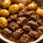 Delicious slow cooker garlic butter beef bites served in a bowl