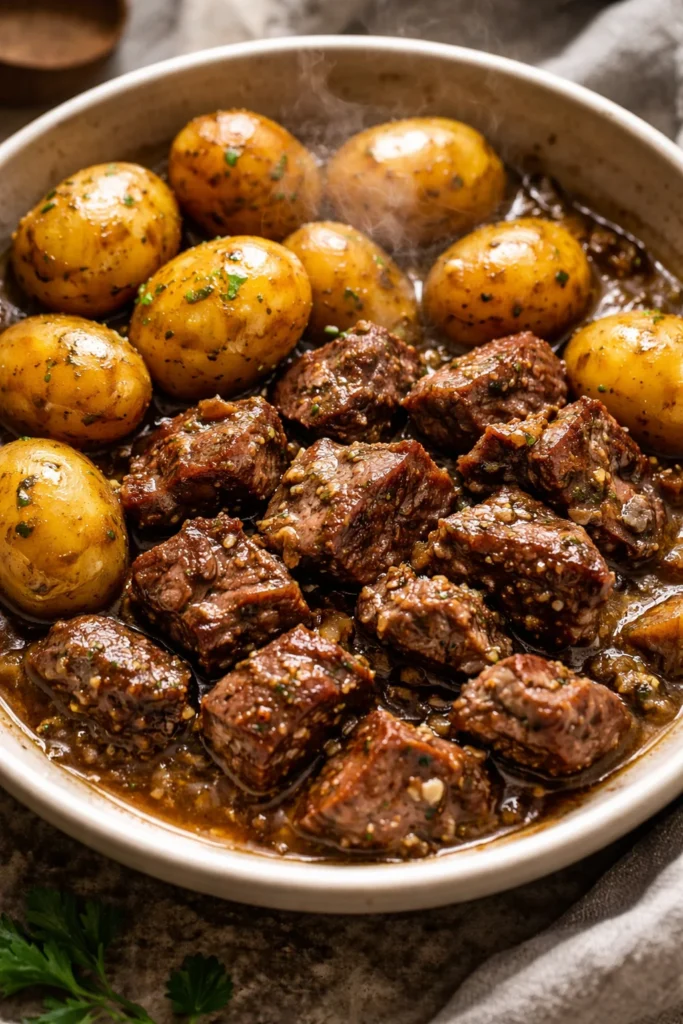 Delicious slow cooker garlic butter beef bites served in a bowl