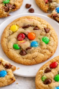 Delicious soft and chewy M&M cookies fresh from the oven