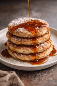 Delicious churro pancakes topped with cinnamon sugar and chocolate sauce.