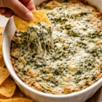 Bowl of creamy Spinach Artichoke Dip served with tortilla chips