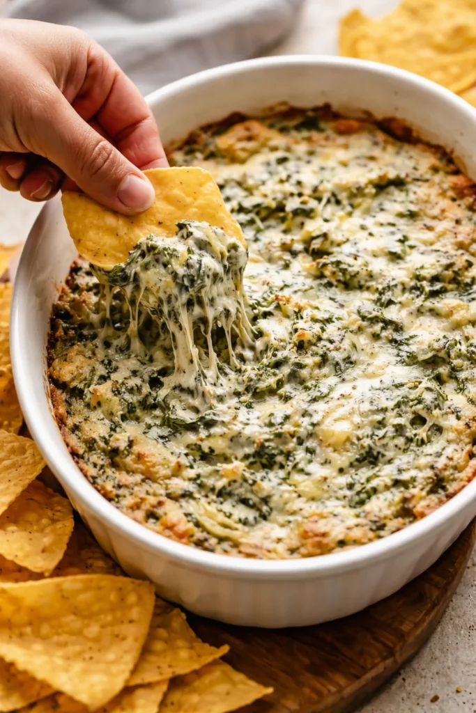 Bowl of creamy Spinach Artichoke Dip served with tortilla chips