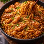 Delicious Sticky Garlic Chicken Noodles served in a bowl with fresh ingredients