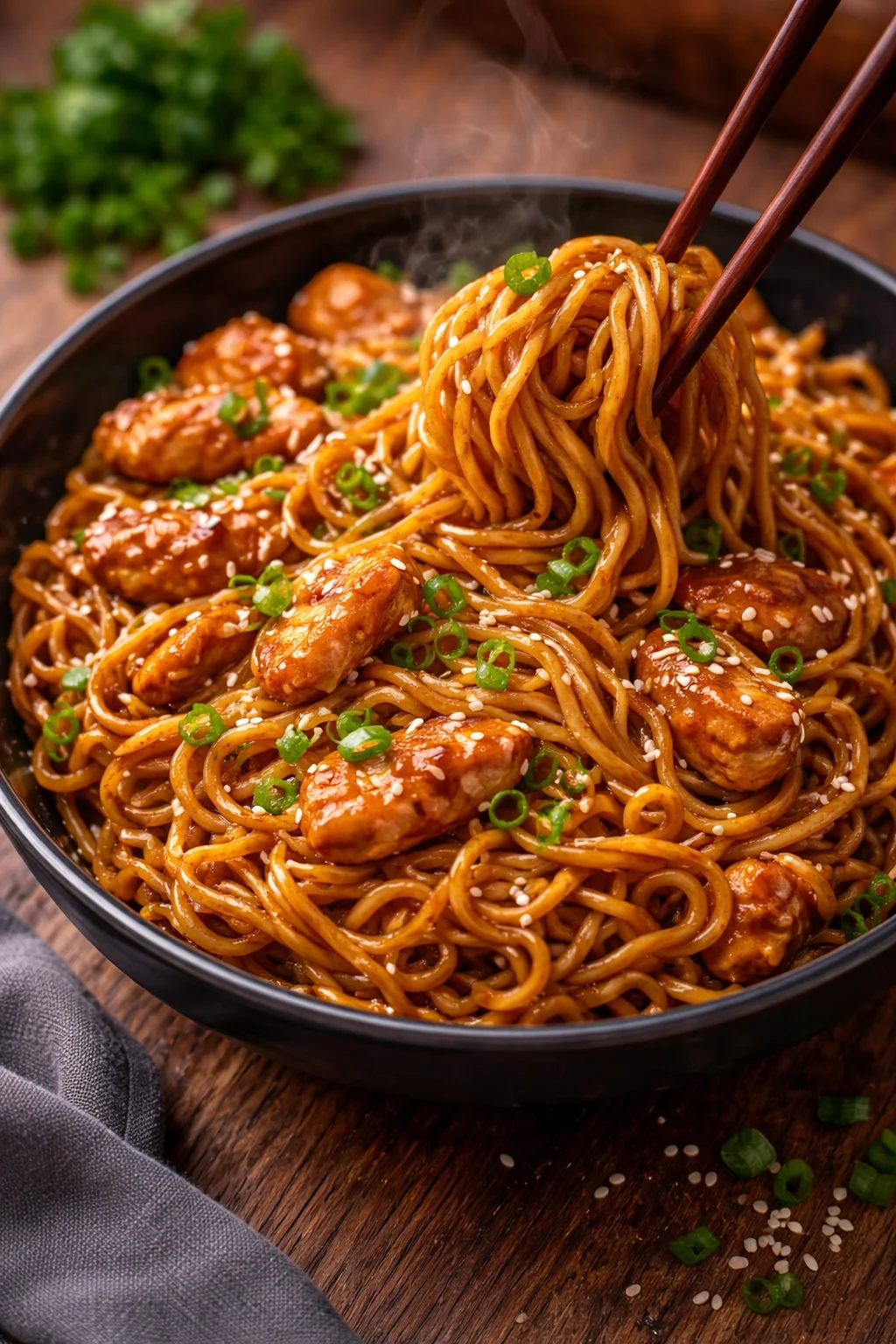 Delicious Sticky Garlic Chicken Noodles served in a bowl with fresh ingredients