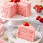 Delicious homemade strawberry cake decorated with fresh strawberries and cream